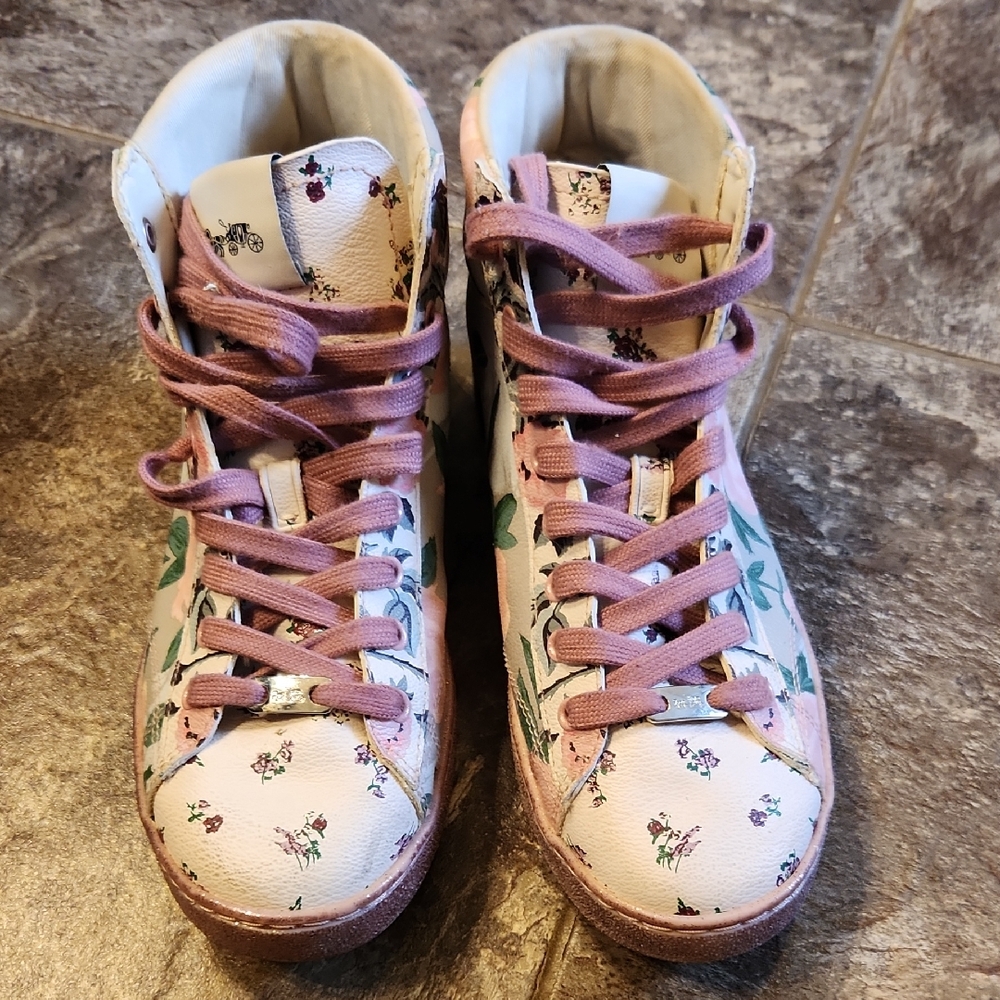 Coach White Pink Floral High-Top Sneakers